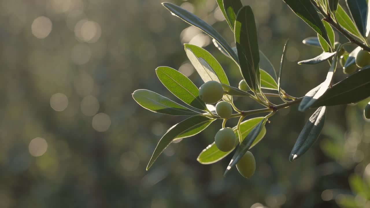 Video ravvicinato di rami di ulivo con luce solare soffusa. L'angolo cattura le foglie e le olive