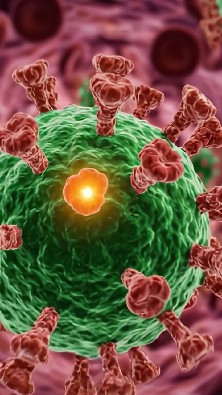 Visualizzazione microscopica di particelle virali all'interno di un vaso sanguigno che evidenzia l'intricata interazione tra patogeni e cellule umane
