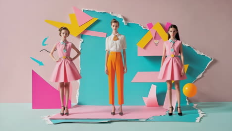 Fashion models in a vibrant, geometric studio setting