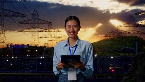 asian female professional worker standing with her tablet near high voltage tower, industrial facility, she is looking at the camera with a smile