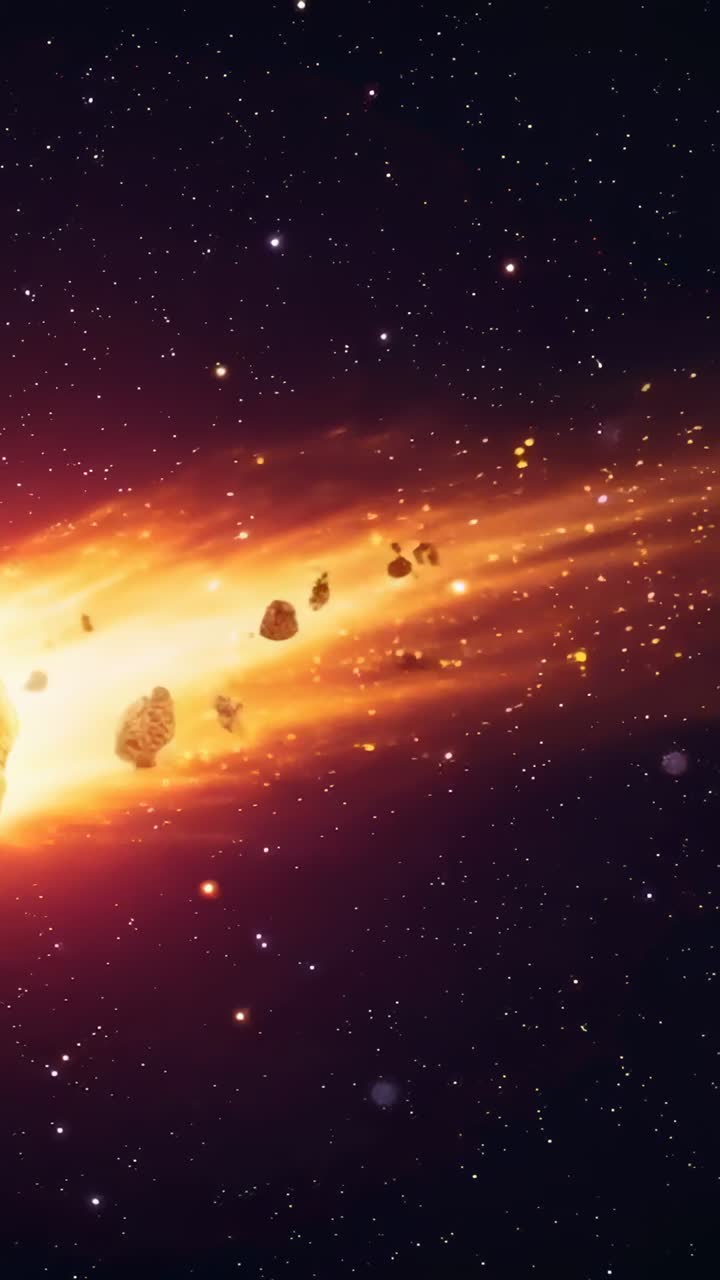Vídeo vertical: bólido brilhante emergente cruzando o espaço profundo, com cauda brilhante, faíscas e fragmentos