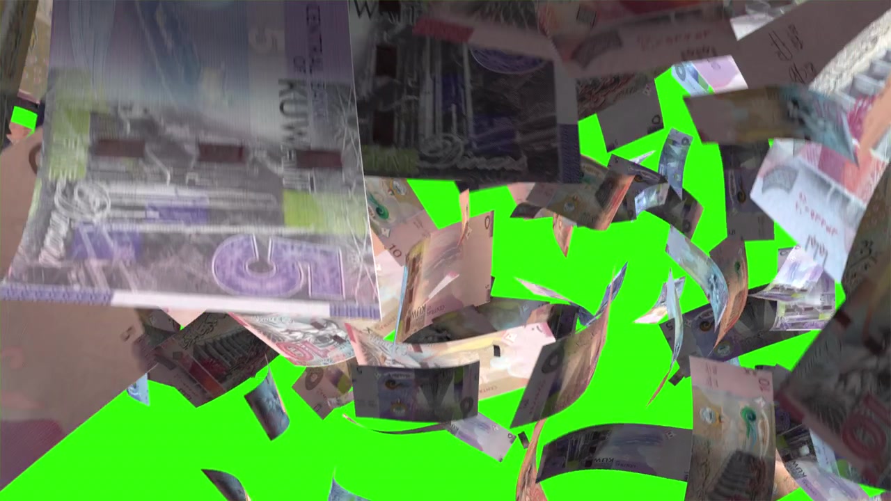 Caduta di banconote di Dinaro kuwaitiano su schermo verde