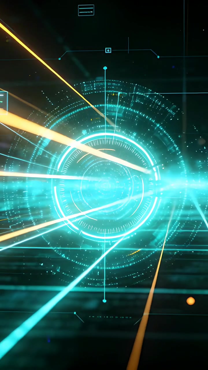 Video verticale: Attivazione del nucleo centrale dell'HUD luminoso, anelli che ruotano per il test di sistema con un piano ciano.