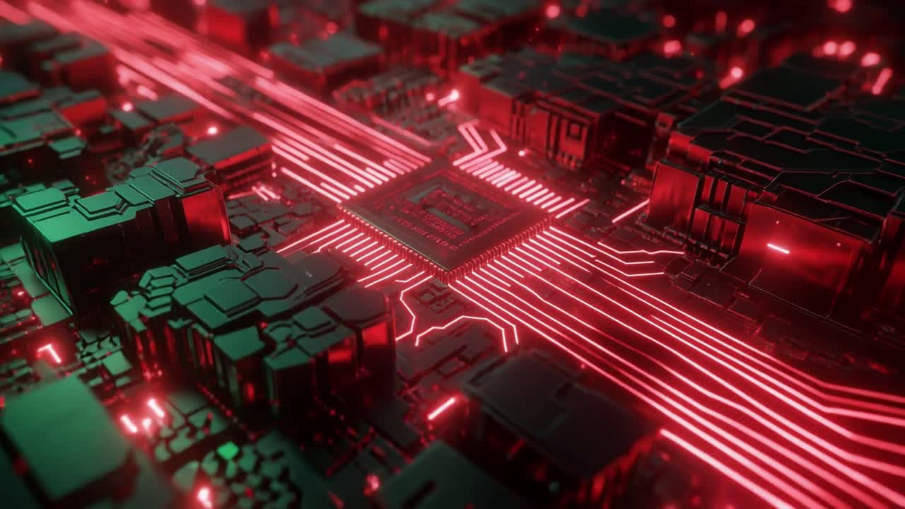 Futuristic Digital Circuit Board with Glowing Red Data Flow