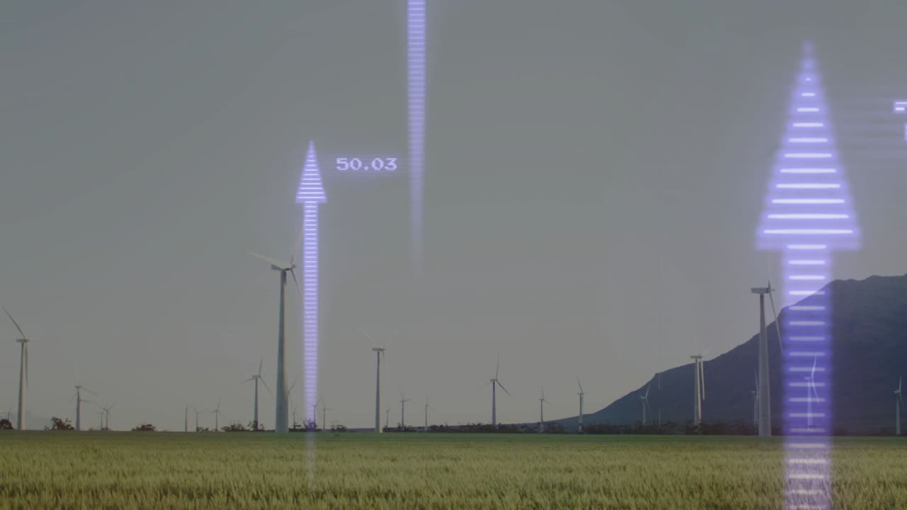 One arrow appearing left center starting arrows rising changing numbers showing wind turbine output