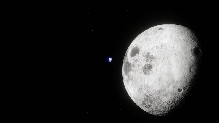 Vista lenta, flutuante e rotativa da distância entre o Planeta Terra e a Lua