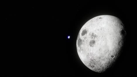 slow floating rotating view of the distance between planet earth and the moon