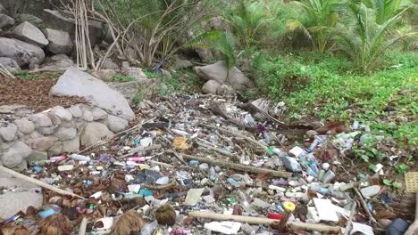 Selva-Masiva-Llena-De-Basura-Hecha-Por-El-Hombre-Cerca-De-La-Playa,-Dron-Que-Se-Mueve-Hacia-Atrás