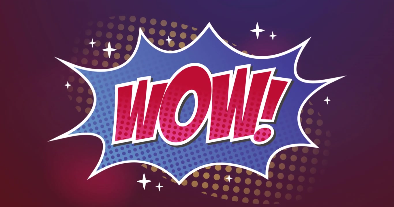 Animation of retro wow text over purple glowing background