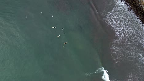 aerial: drone, surfers breaking the waves, steady view