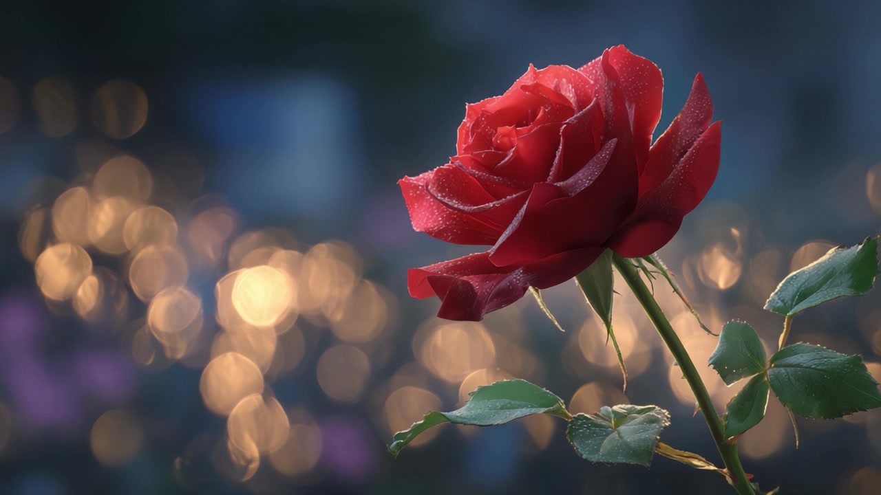 Uno splendido primo piano di una rosa rossa baciata dalla rugiada su uno sfondo splendidamente sfocato con luci bokeh soffuse, catturando l'essenza della bellezza naturale e dell'eleganza