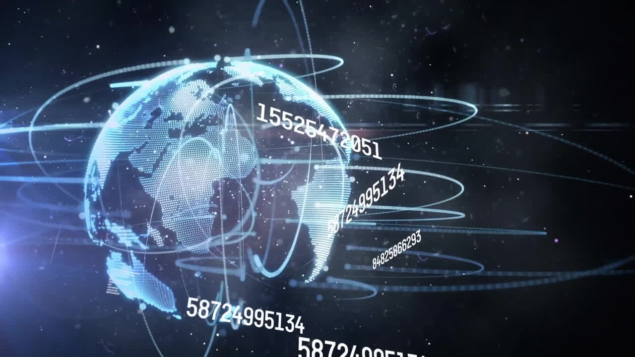 Animation of changing numbers and circles around illuminated globe with lens flares