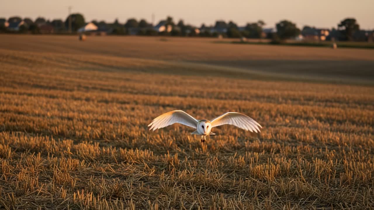 Barn Owl in Golden Hour Flight Over Harvested Field