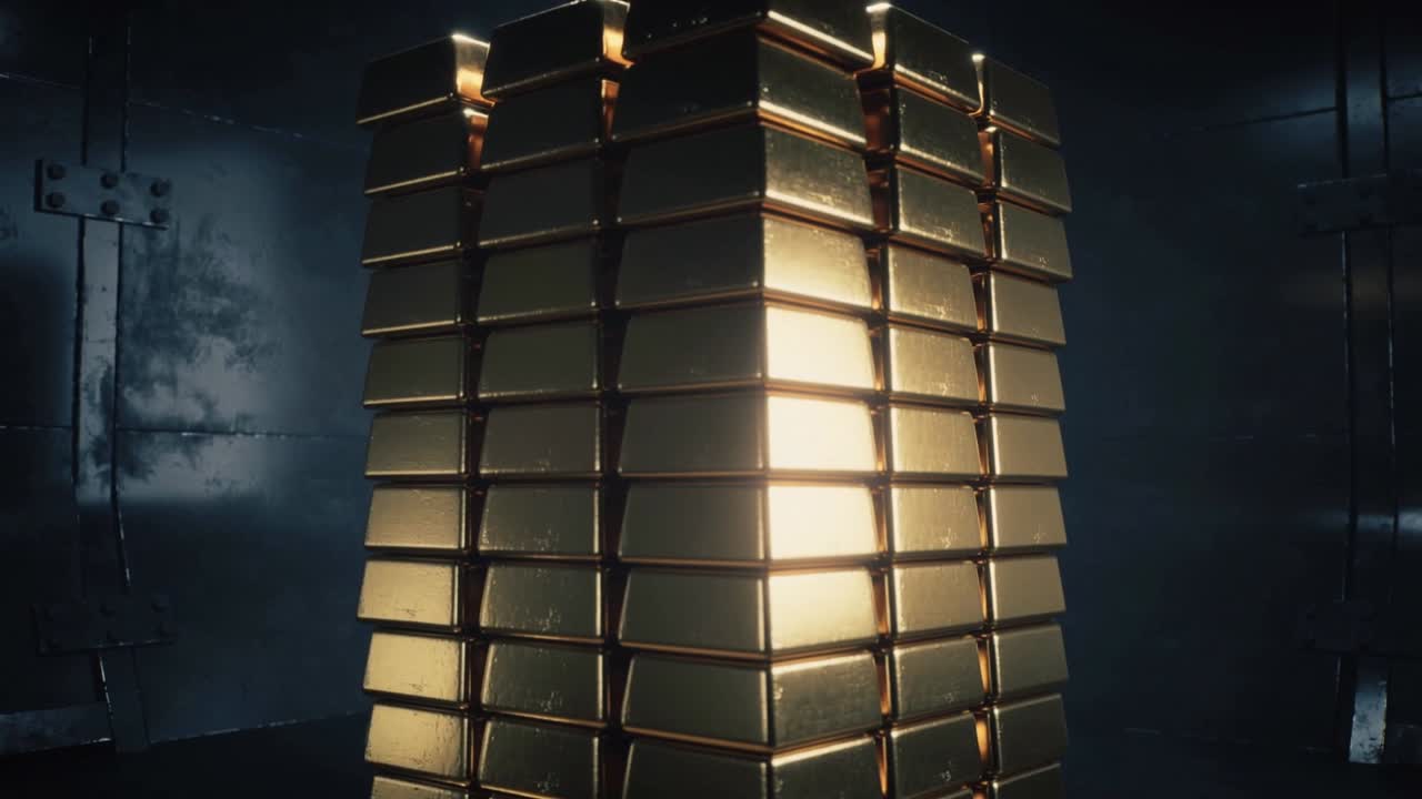 Pulsing gold bar column intensifying core glow while top bars splaying in vault with steel walls