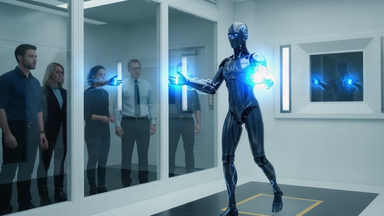 A Cutting-Edge Cybernetic Being Demonstrates Its Capabilities to Awestruck Observers in a High-Tech Laboratory Environment, Showcasing the Future of Robotics and AI Technology.