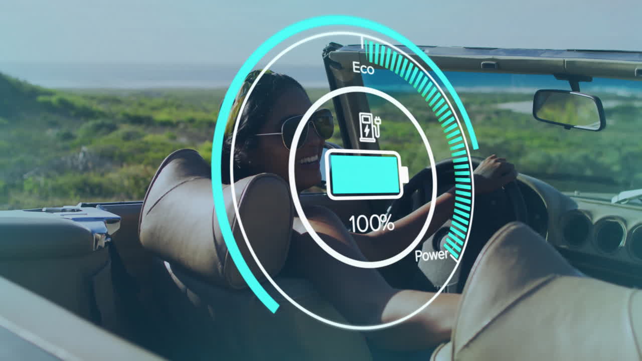 Driving convertible, woman with battery charge animation overlaying school scene