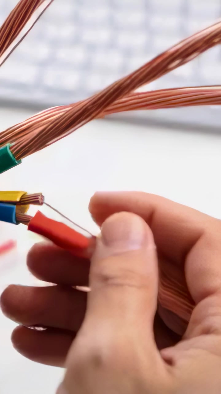 Vertical video: Pinching red wire, hands aligning copper strands at desk, preparing for connection