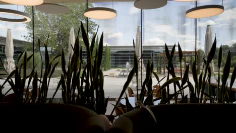 slow-rising dolly shot revealing a beautiful garden at a corporate office