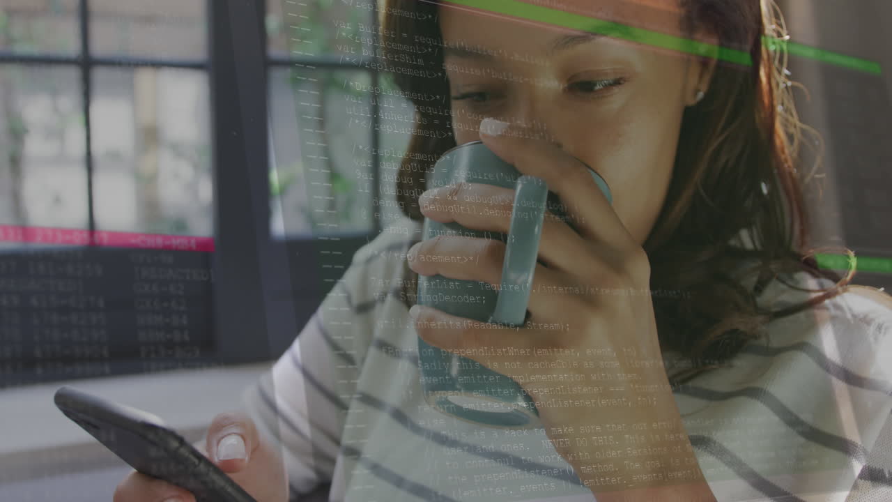Animation of data processing over woman using smartphone and drinkin tes at home