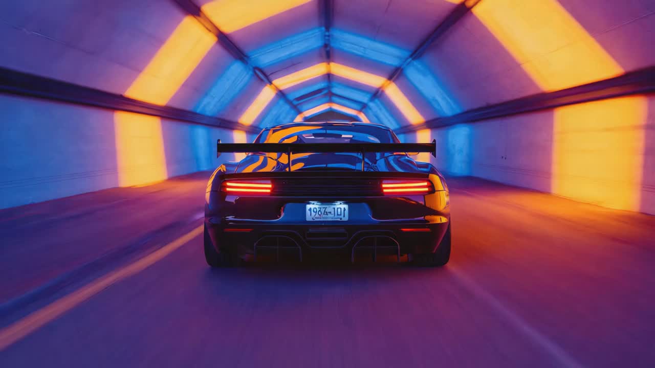 Sports Car Driving Through a Futuristic Neon-Lit Tunnel