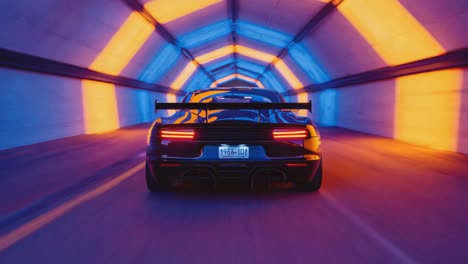 sports car driving through a futuristic neon-lit tunnel