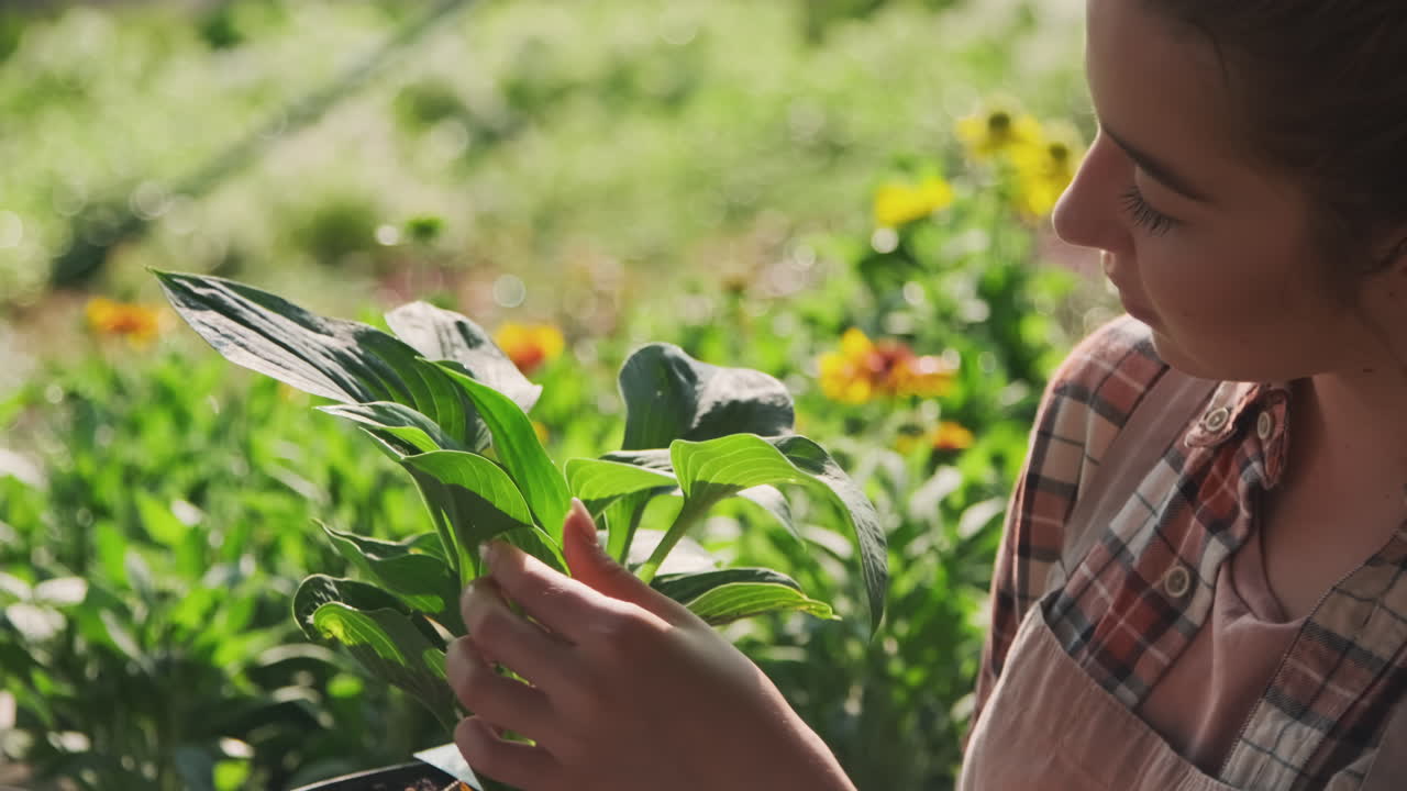 mujer examinando plantas en un invernadero
