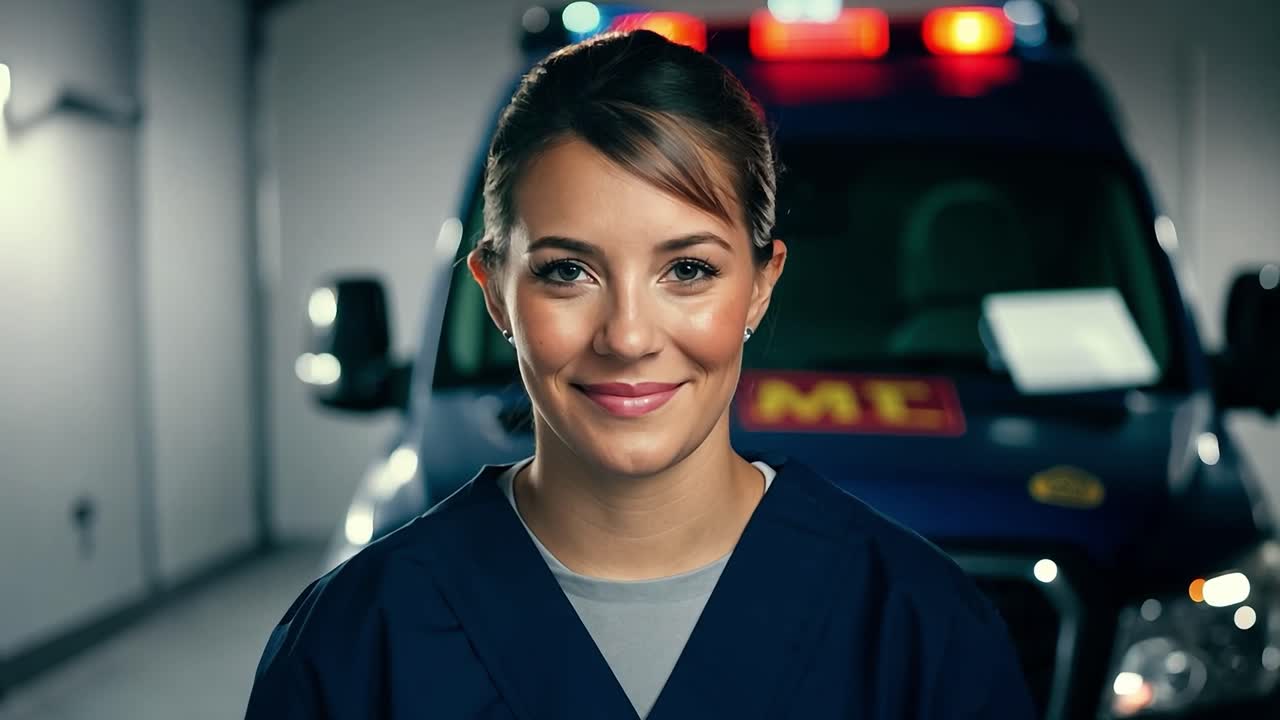 구급차 앞에서 미소 짓는 여성 구급차
