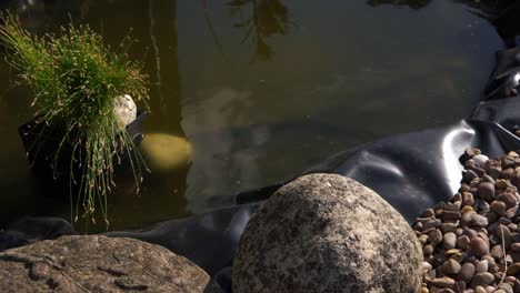 diy garden pond with rockery and pebbles close up shot