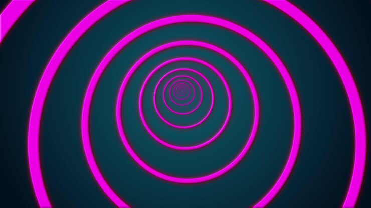 Túnel circular abstrato portal futurista, anel de tela LED neon colorido brilhante em fundo escuro, animação 3D, efeito visual, ilusão de ótica 4K, rosa e azul-petróleo.
