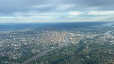 Aerial-view-of-Bordeaux,-France,-from-a-bove-in-a-cloudy-spring-morning