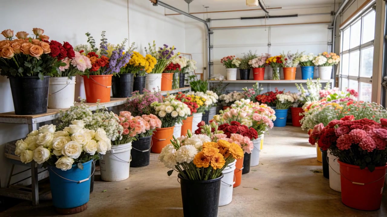 Panorerende kamera udløst af operatør, afslører blomsterspande i garage, viser gule blomster.