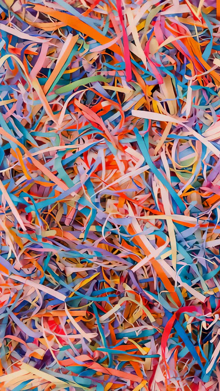 Vertical video: Zooming camera filming closeup pile on studio table, showing shredded paper texture