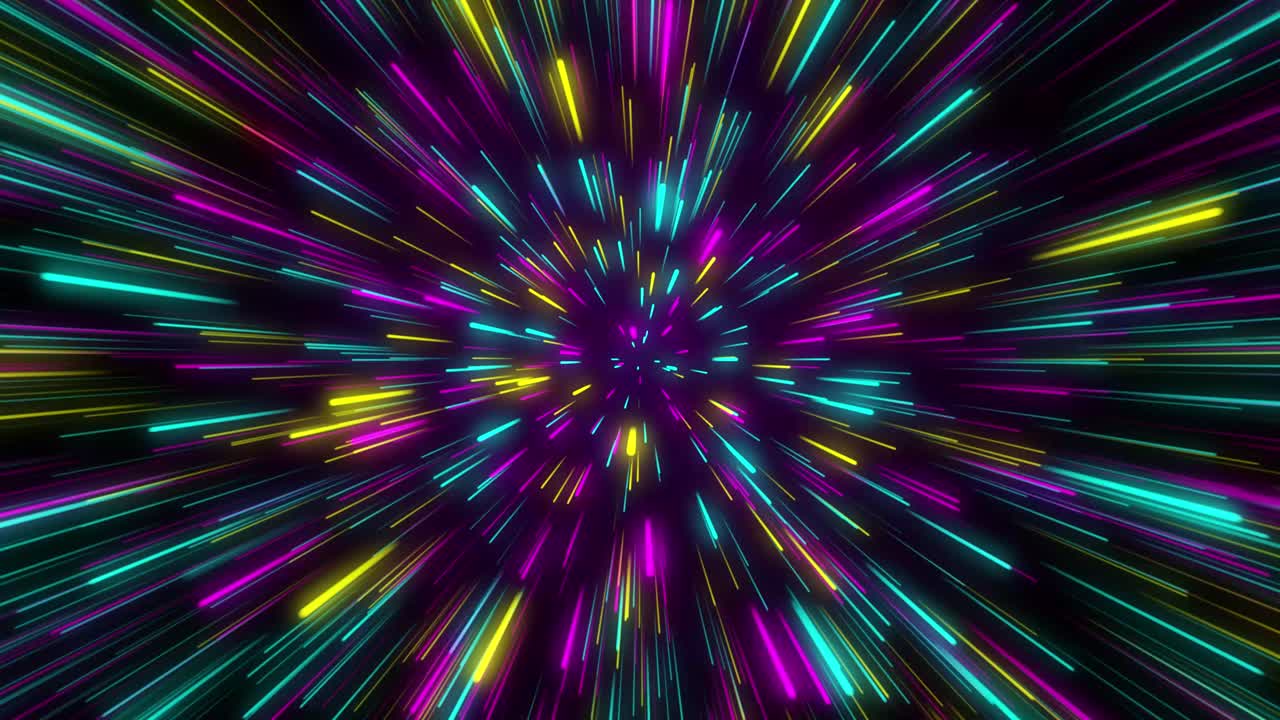 This energetic animation features vibrant streaks of light moving outward from a central point, creating a mesmerizing feeling of depth and movement in a dark background.