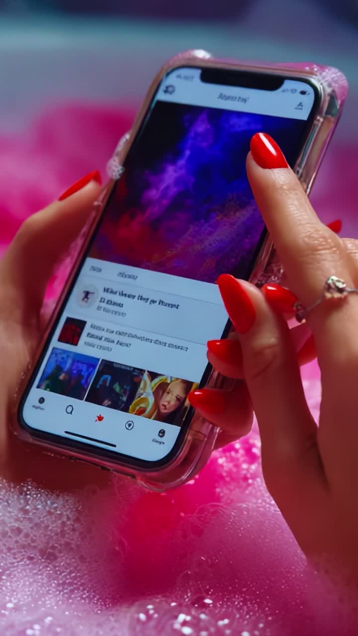 A Relaxing Moment: A Close-Up of Well-Groomed Hands with Vibrant Red Nails Using a Smartphone While Immersed in a Luxurious Bubble Bath Surrounded by Pink Foam and Soothing Atmosphere