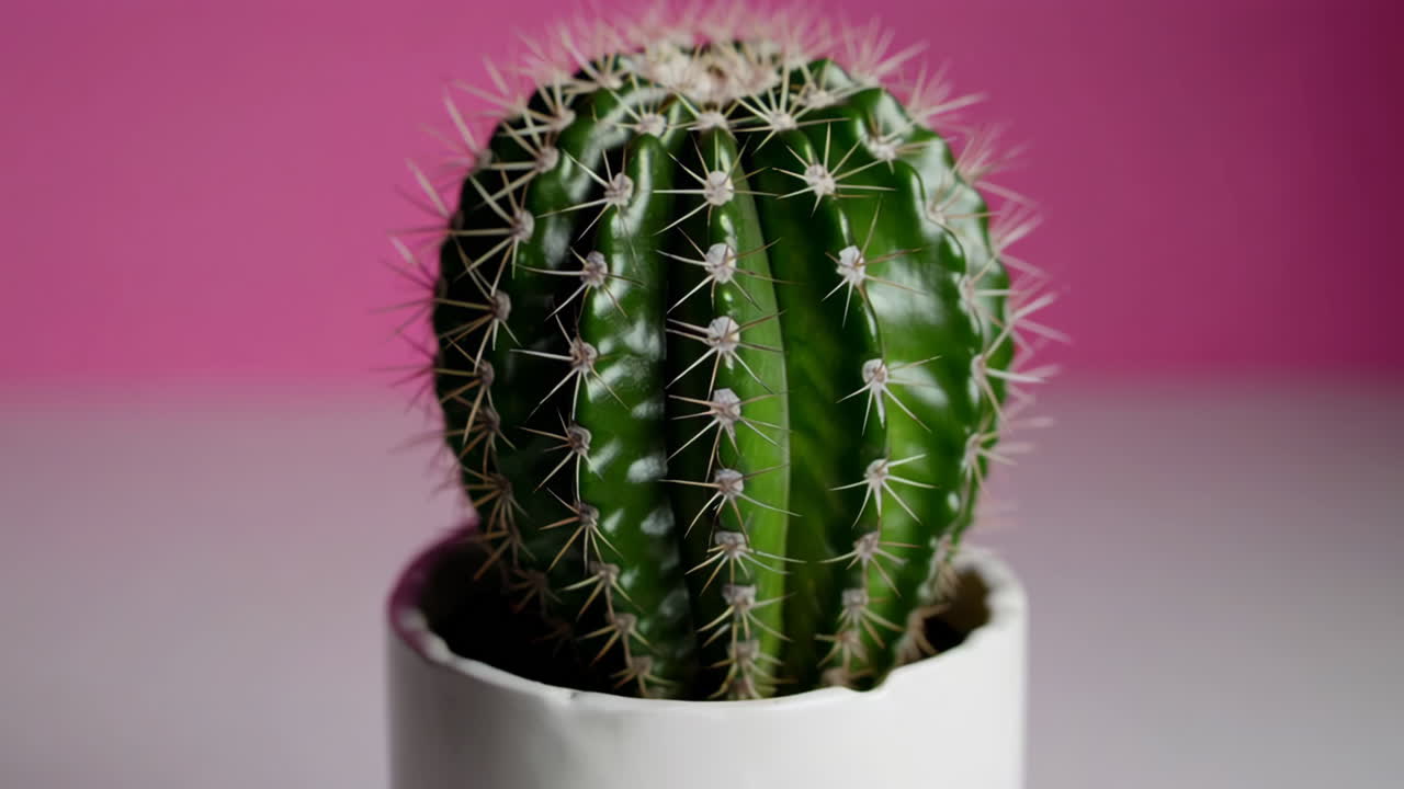 Primo piano di un piccolo cactus in un vaso bianco con sfondo rosa