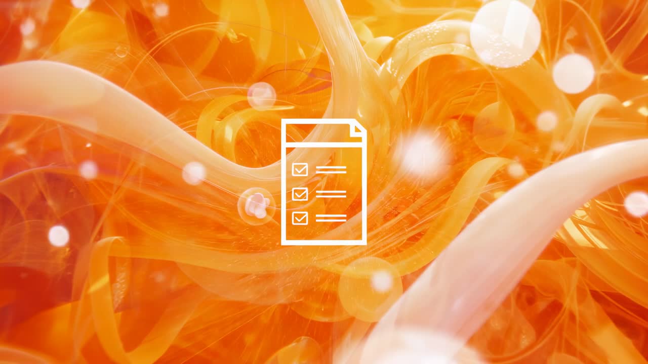 Central white checklist icon remaining fixed in abstract background, shifting tendrils and spheres