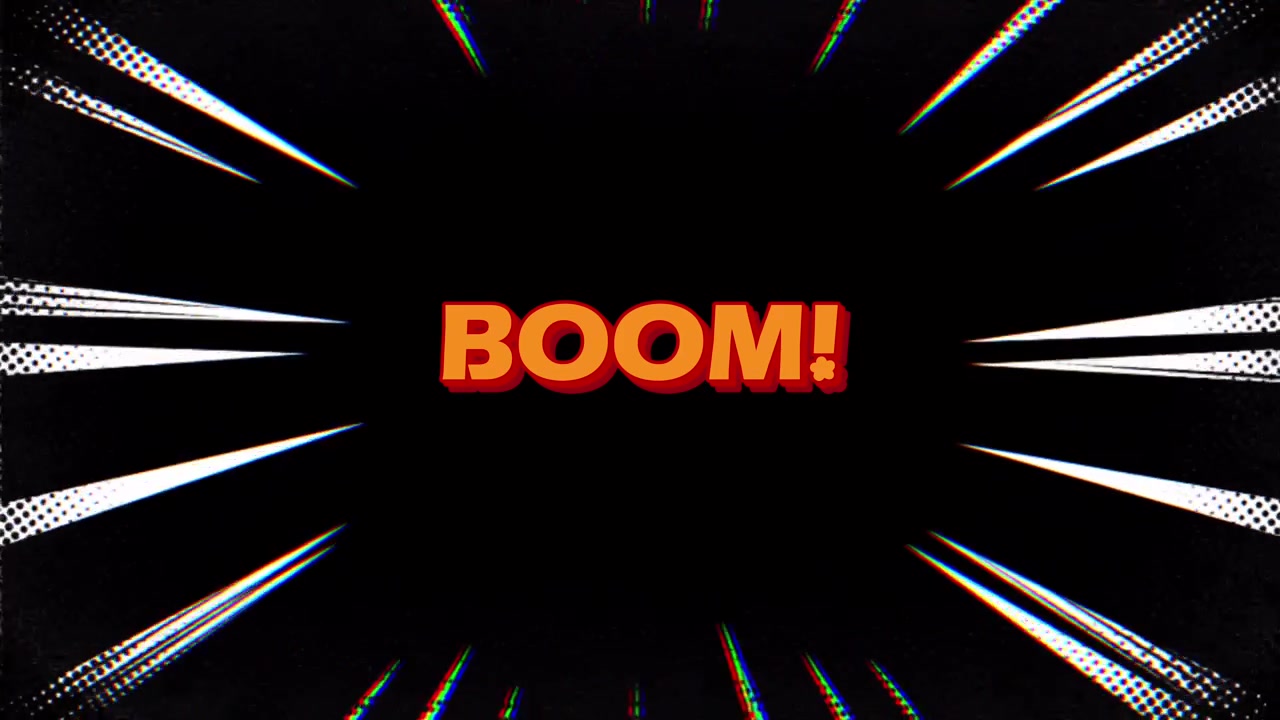 Tegneseriestil 'Boom' tekst-animation med glitch-effekt