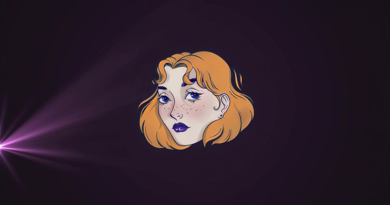 Un riflettore viola illumina una testa femminile fluttuante, mentre capelli e pelle creano una trasformazione cromatica in loop.
