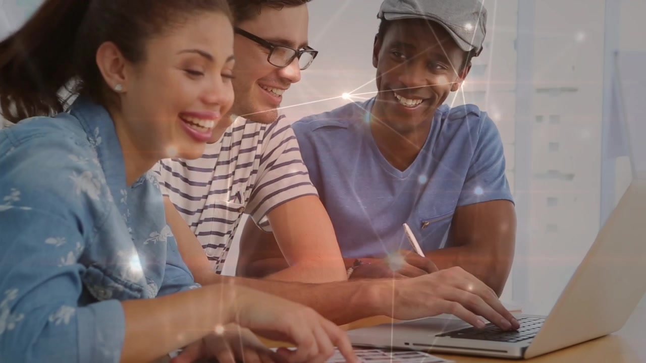 Animation of network of connections and light trails over diverse business people