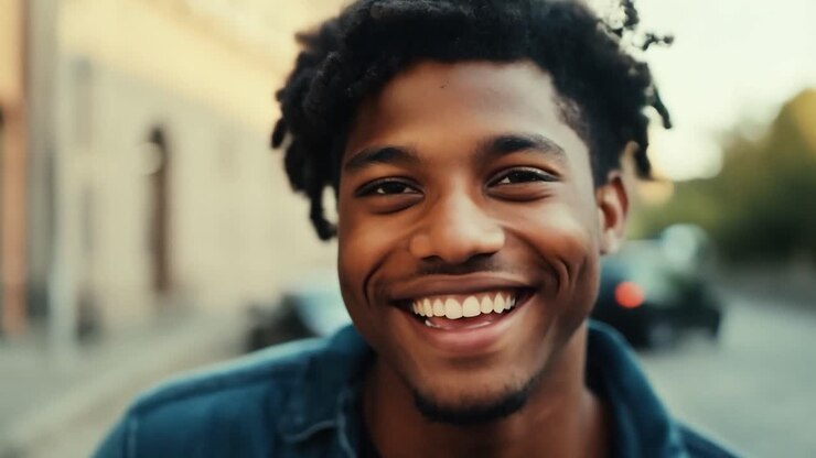 Jeune homme heureux souriant dans la rue