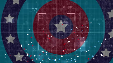 confeti cayendo sobre el alcance de la exploración contra las estrellas en círculos giratorios sobre fondo azul