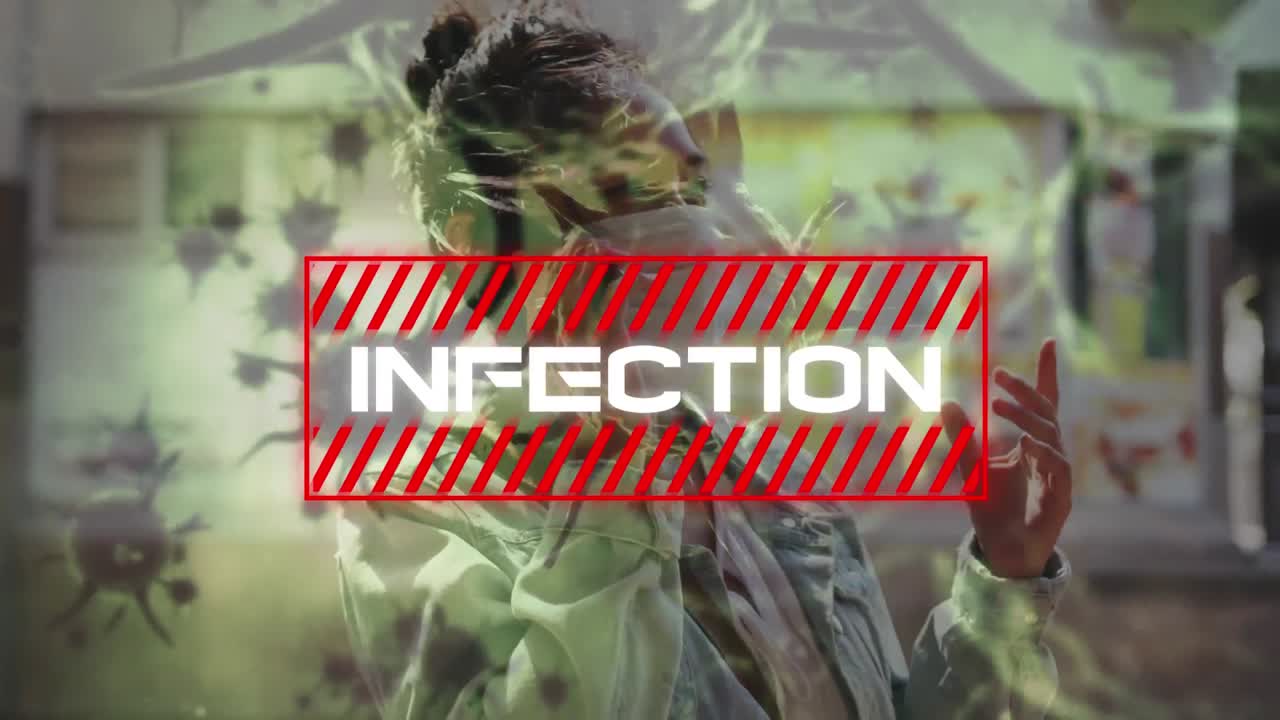 animación de la palabra infección con macro coronavirus células de covid-19 que se propagan en una mujer