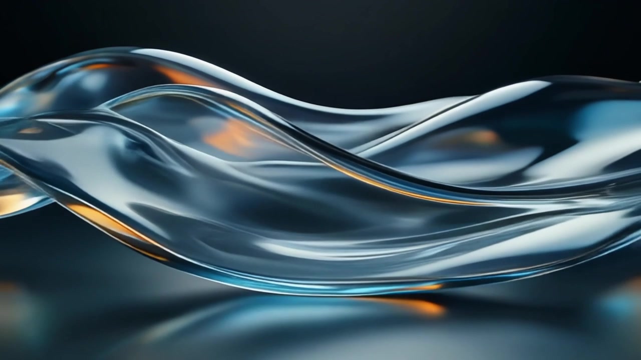 Abstract Flowing Transparent Glass Waves with Golden Reflections