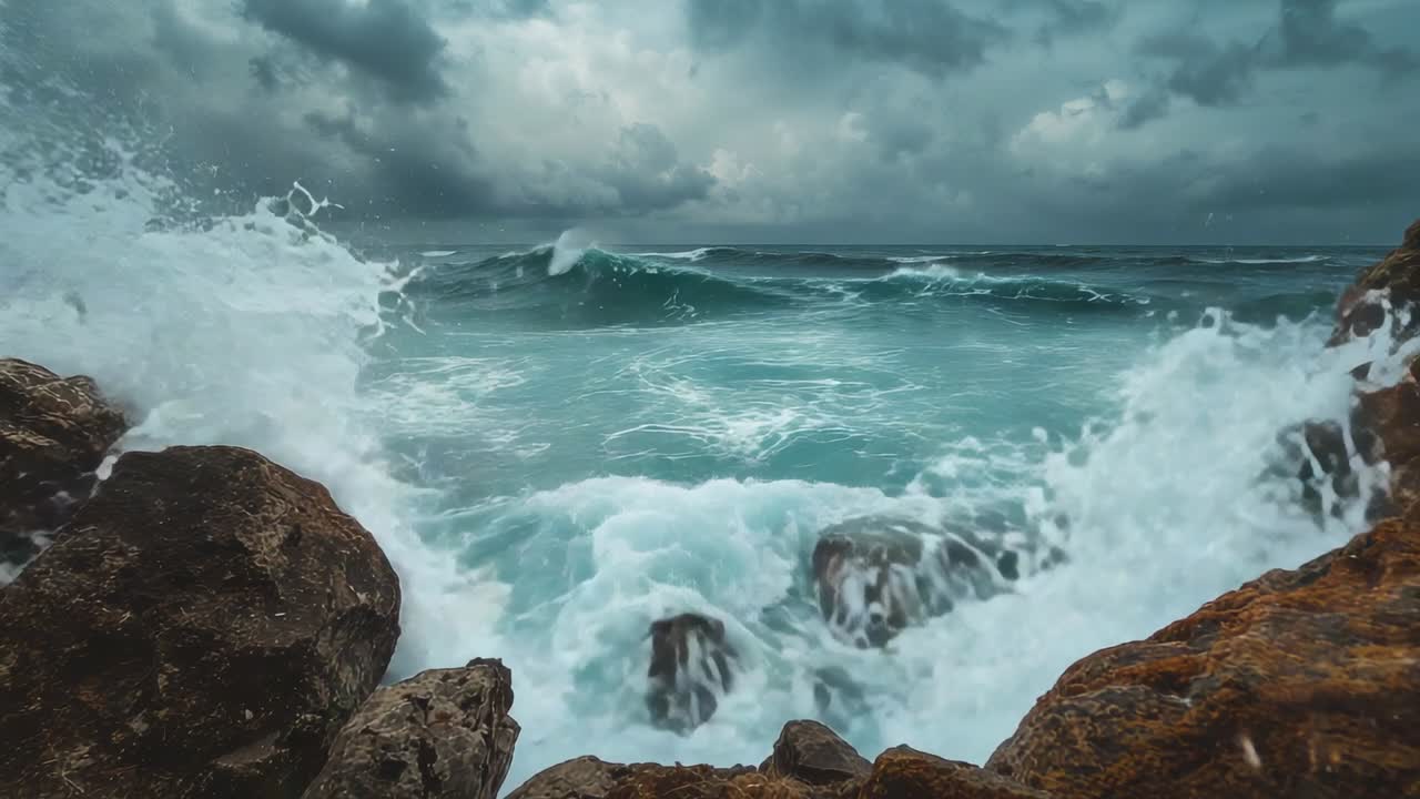 Building ocean swells cresting and surging in remote rocky inlet, with jagged rocks and foamy waves
