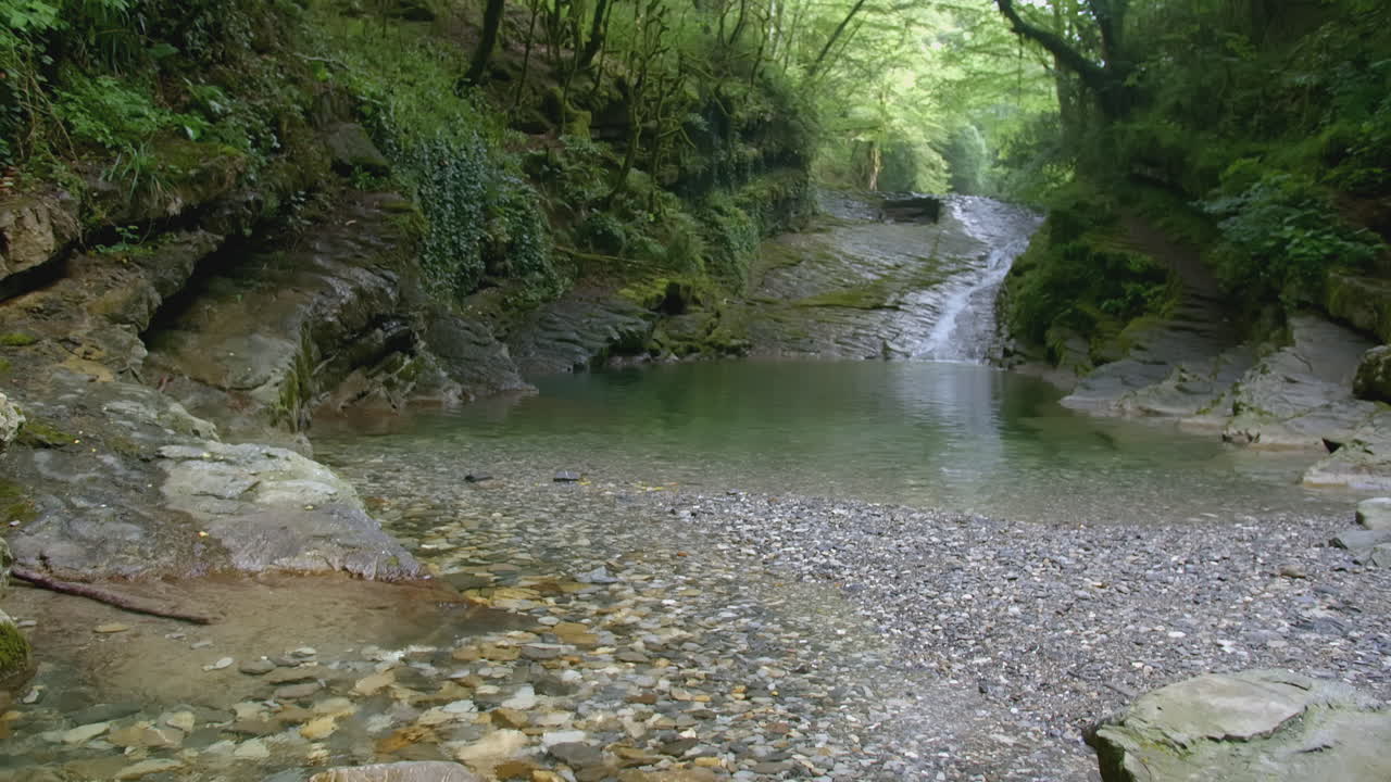 울창한 숲 속 의 조용 한 폭포