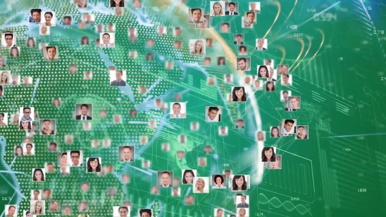 데이터와 디지털 인터페이스에 대해 회전하는 다중 프로파일 아이콘의 지구의 디지털 구성