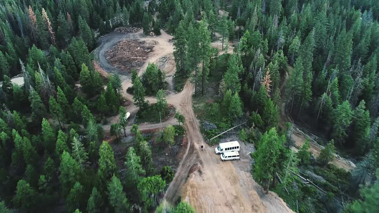 High level aerial video following a dirt bike through the forest.