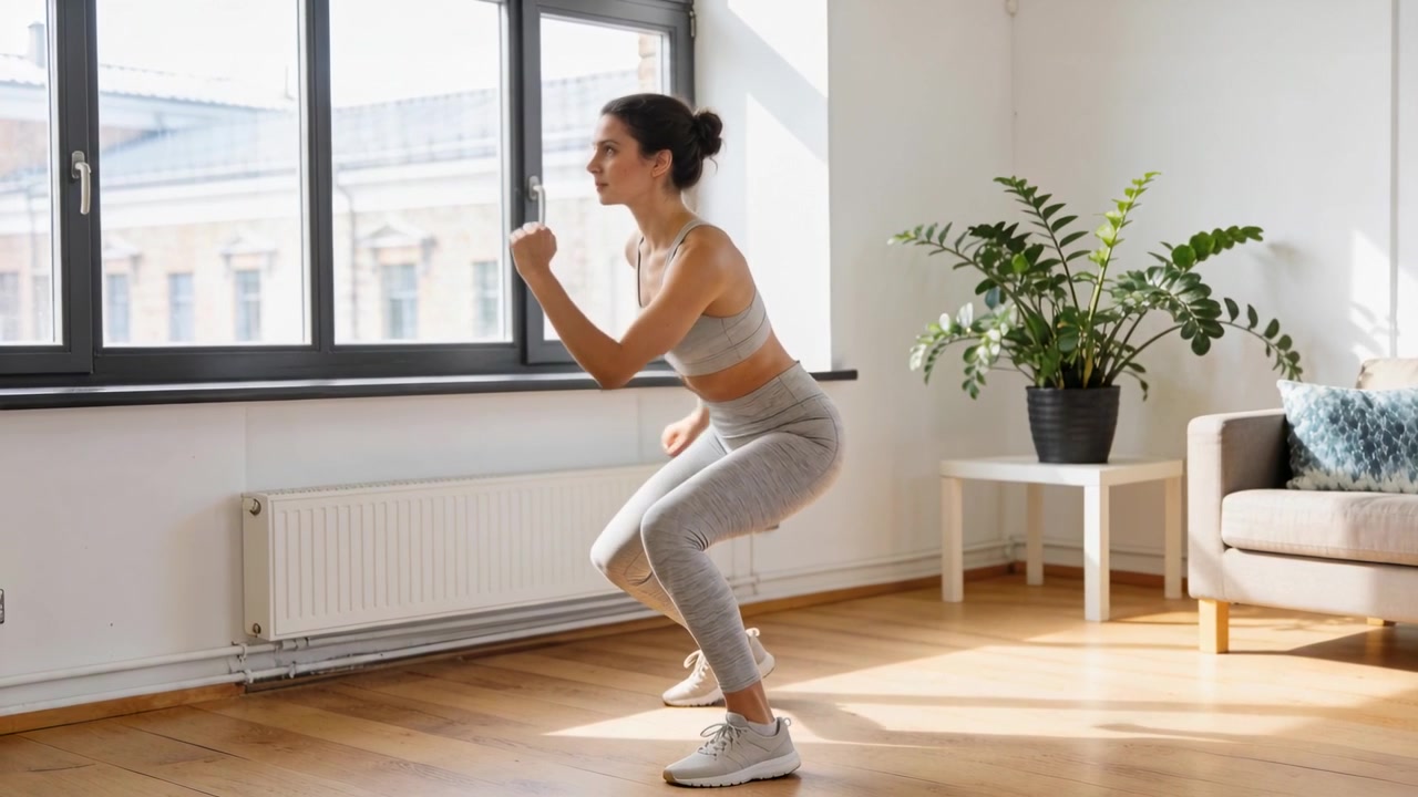 Seguendo la routine, una donna fa affondi e squat vicino alla finestra, indossando un completo sportivo grigio e scarpe bianche.
