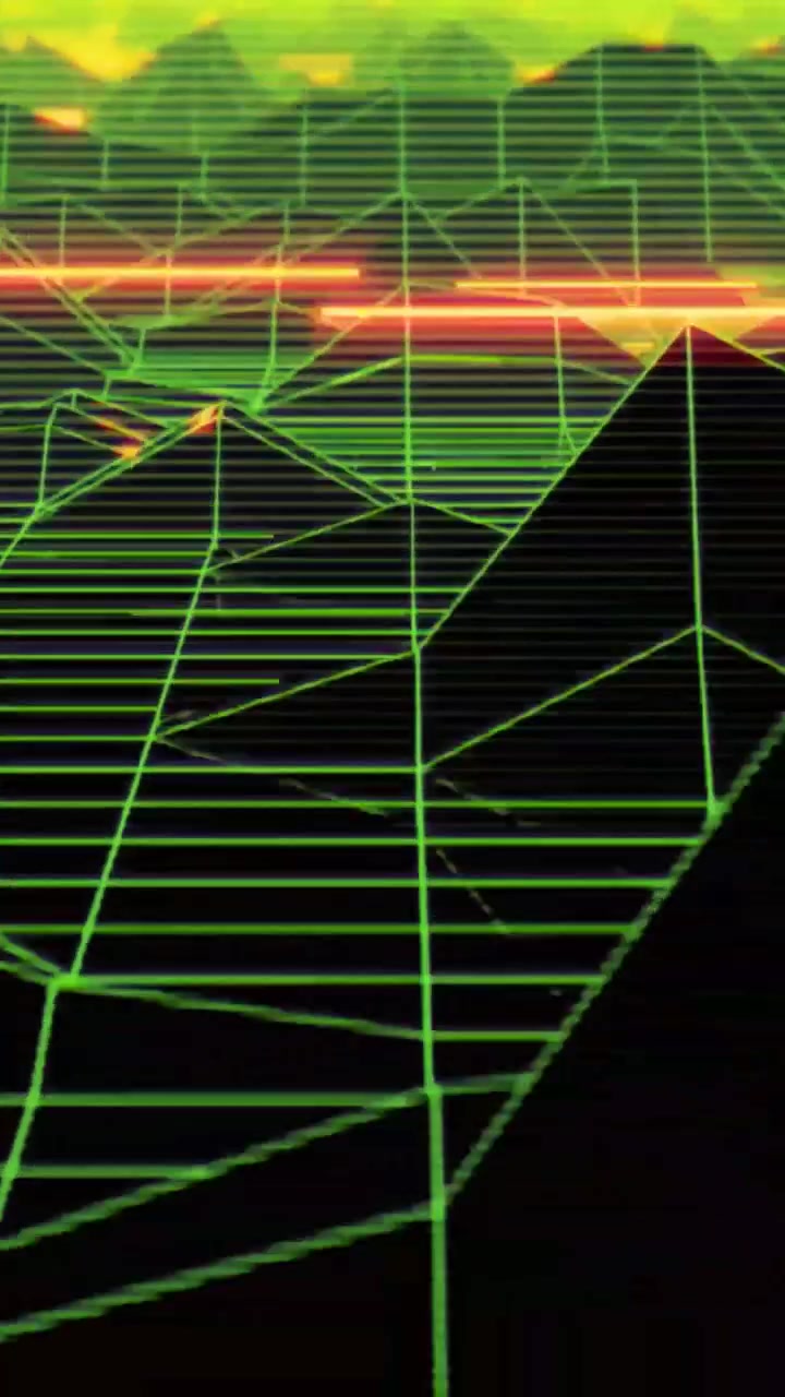 Retro Wave Digital Landscape with Neon Grid and Glitching Mountains