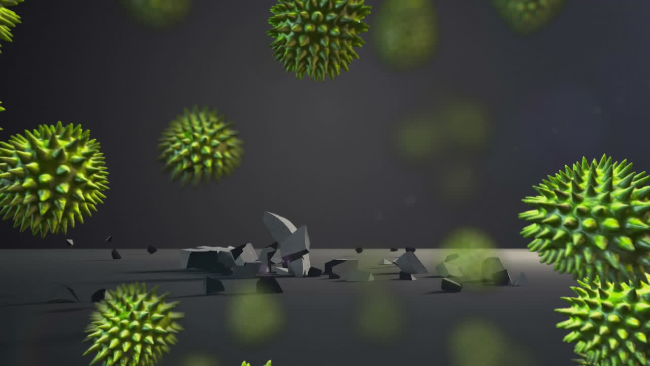 유로 화폐 기호 위의 여러 코로나19 세포가 회색 배경에 떨어지고 깨집니다.